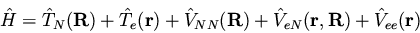 \begin{displaymath}
\hat{H} = \hat{T}_N({\bf R}) + \hat{T}_e({\bf r}) +
\hat{V...
... +
\hat{V}_{eN}({\bf r}, {\bf R}) +
\hat{V}_{ee}({\bf r})
\end{displaymath}